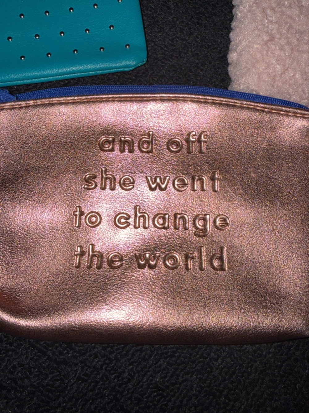 Metallic Rose Gold Cosmetic Pouch with Inspirational Embossed Quote